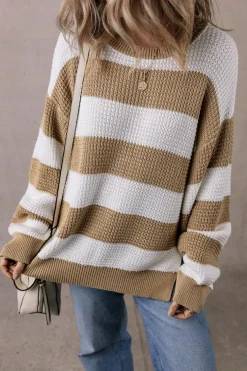 Best Dear-Lover Colorblock Striped Drop Shoulder Side Slit Sweater Light French Beige