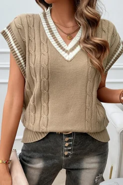 Online Dear-Lover Colorblock V Neck Cap Sleeve Cable Knit Sweater Light French Beige