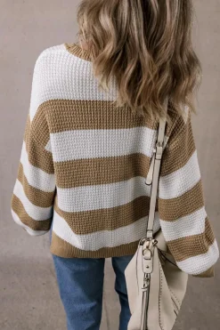 Best Dear-Lover Colorblock Striped Drop Shoulder Side Slit Sweater Light French Beige