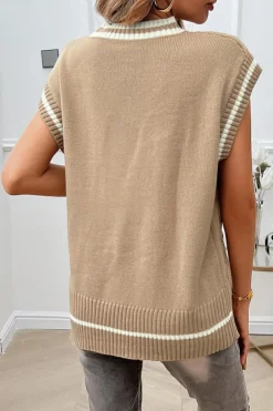 Online Dear-Lover Colorblock V Neck Cap Sleeve Cable Knit Sweater Light French Beige