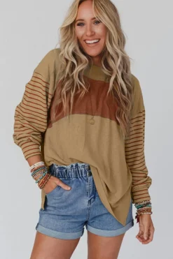 Discount Dear-Lover Colorblock Striped Bishop Sleeve Top Light French Beige