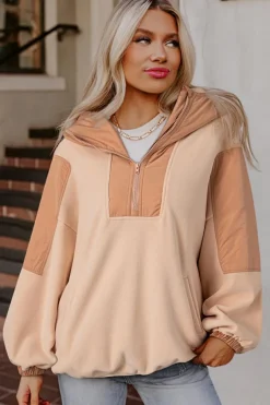 Online Dear-Lover Colorblock Patchwork Half Zip Oversized Sherpa Hoodie Light French Beige