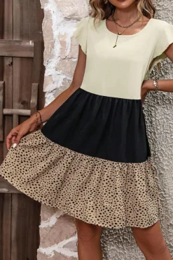 Best Dear-Lover Colorblock Dalmatian Print Ruffle Hem Flowy Dress Light French Beige