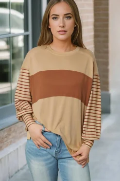 Discount Dear-Lover Colorblock Striped Bishop Sleeve Top Light French Beige