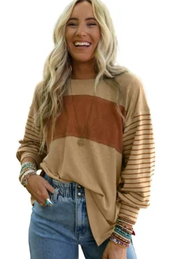 Discount Dear-Lover Colorblock Striped Bishop Sleeve Top Light French Beige