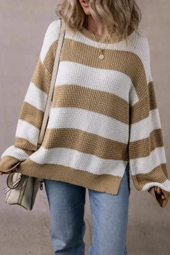 Best Dear-Lover Colorblock Striped Drop Shoulder Side Slit Sweater Light French Beige