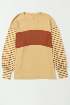 Discount Dear-Lover Colorblock Striped Bishop Sleeve Top Light French Beige