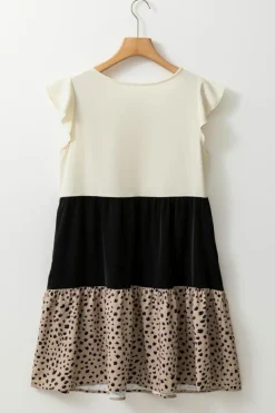 Best Dear-Lover Colorblock Dalmatian Print Ruffle Hem Flowy Dress Light French Beige