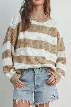 Best Dear-Lover Colorblock Striped Drop Shoulder Side Slit Sweater Light French Beige