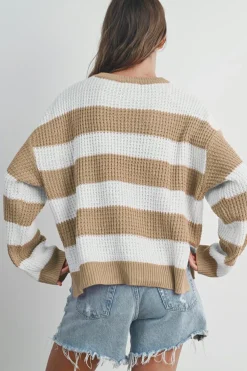 Best Dear-Lover Colorblock Striped Drop Shoulder Side Slit Sweater Light French Beige