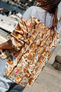 Discount Dear-Lover Colorful Leopard Striped Print Patchwork V Neck Shirt Light French Beige