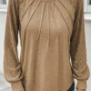 New Dear-Lover Contrast Lace Raglan Sleeve Plicate Round Neck Top Light French Beige
