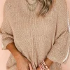 Online Dear-Lover Contrast Striped 3/4 Sleeve Crew Neck Sweater Light French Beige