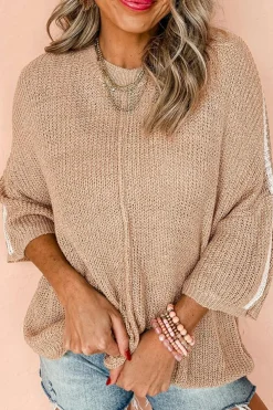 Online Dear-Lover Contrast Striped 3/4 Sleeve Crew Neck Sweater Light French Beige