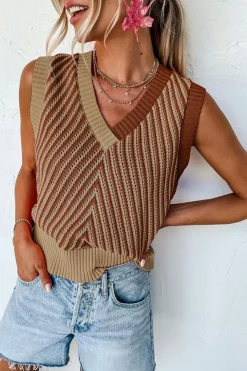 Discount Dear-Lover Contrast Chevron Knit V Neck Sweater Vest Light French Beige