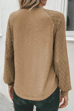 New Dear-Lover Contrast Lace Raglan Sleeve Plicate Round Neck Top Light French Beige
