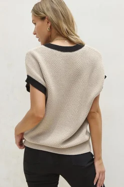 Online Dear-Lover Contrast Trim Round Neck Batwing Sleeve Sweater Top Light French Beige