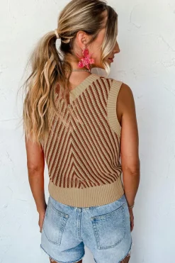Discount Dear-Lover Contrast Chevron Knit V Neck Sweater Vest Light French Beige