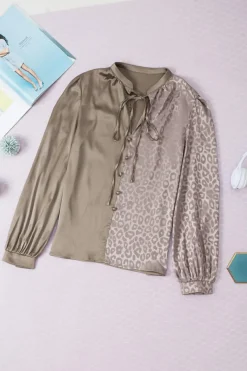 New Dear-Lover Contrast Half Leopard Jacquard Satin Blouse Light French Beige