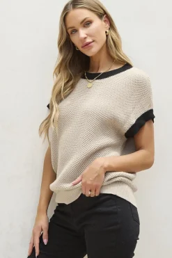 Online Dear-Lover Contrast Trim Round Neck Batwing Sleeve Sweater Top Light French Beige