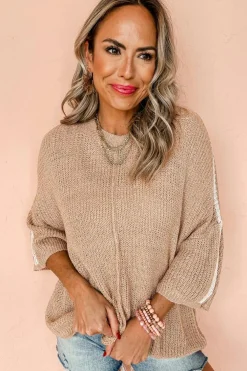 Online Dear-Lover Contrast Striped 3/4 Sleeve Crew Neck Sweater Light French Beige