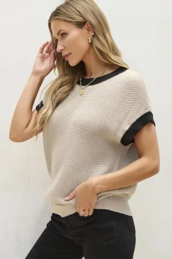 Online Dear-Lover Contrast Trim Round Neck Batwing Sleeve Sweater Top Light French Beige