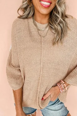 Online Dear-Lover Contrast Striped 3/4 Sleeve Crew Neck Sweater Light French Beige