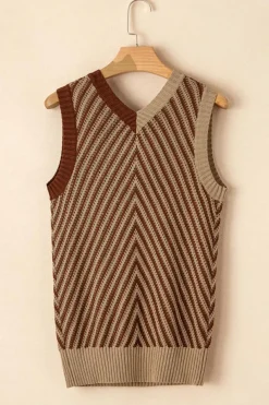 Discount Dear-Lover Contrast Chevron Knit V Neck Sweater Vest Light French Beige