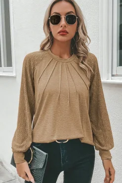 New Dear-Lover Contrast Lace Raglan Sleeve Plicate Round Neck Top Light French Beige