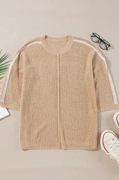 Online Dear-Lover Contrast Striped 3/4 Sleeve Crew Neck Sweater Light French Beige
