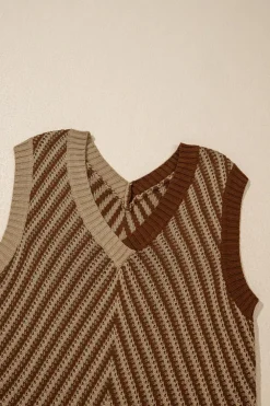 Discount Dear-Lover Contrast Chevron Knit V Neck Sweater Vest Light French Beige