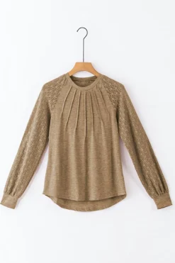 New Dear-Lover Contrast Lace Raglan Sleeve Plicate Round Neck Top Light French Beige