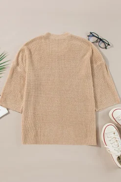 Online Dear-Lover Contrast Striped 3/4 Sleeve Crew Neck Sweater Light French Beige