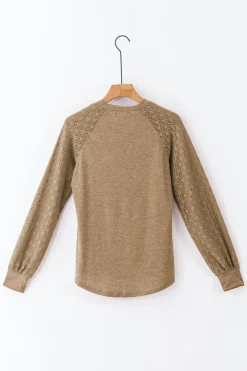 New Dear-Lover Contrast Lace Raglan Sleeve Plicate Round Neck Top Light French Beige
