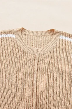 Online Dear-Lover Contrast Striped 3/4 Sleeve Crew Neck Sweater Light French Beige