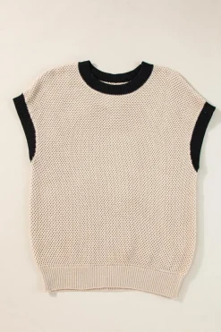 Online Dear-Lover Contrast Trim Round Neck Batwing Sleeve Sweater Top Light French Beige
