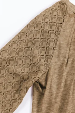 New Dear-Lover Contrast Lace Raglan Sleeve Plicate Round Neck Top Light French Beige