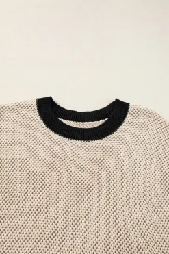 Online Dear-Lover Contrast Trim Round Neck Batwing Sleeve Sweater Top Light French Beige
