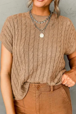 Best Dear-Lover Crew Neck Cable Knit Short Sleeve Sweater Light French Beige