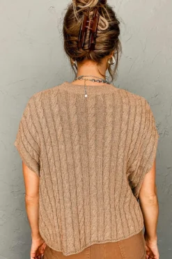 Best Dear-Lover Crew Neck Cable Knit Short Sleeve Sweater Light French Beige