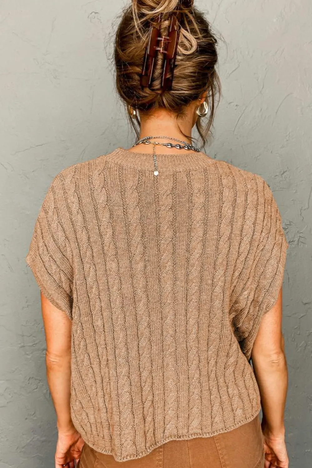 Best Dear-Lover Crew Neck Cable Knit Short Sleeve Sweater Light French Beige