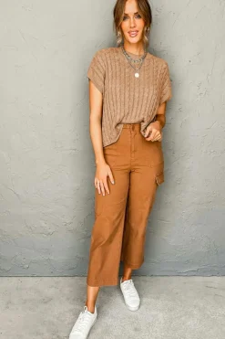 Best Dear-Lover Crew Neck Cable Knit Short Sleeve Sweater Light French Beige