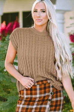 Best Dear-Lover Crew Neck Cable Knit Short Sleeve Sweater Light French Beige