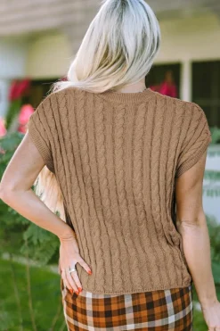 Best Dear-Lover Crew Neck Cable Knit Short Sleeve Sweater Light French Beige