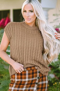 Best Dear-Lover Crew Neck Cable Knit Short Sleeve Sweater Light French Beige