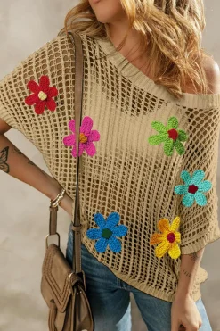 Sale Dear-Lover Crochet Flower Hollow-out Sweater T Shirt Light French Beige