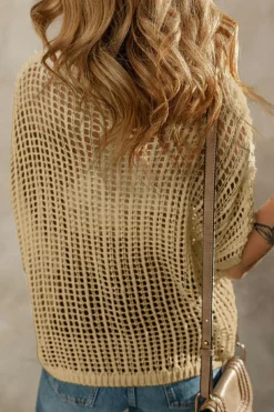 Sale Dear-Lover Crochet Flower Hollow-out Sweater T Shirt Light French Beige