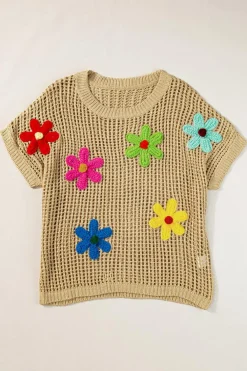 Sale Dear-Lover Crochet Flower Hollow-out Sweater T Shirt Light French Beige