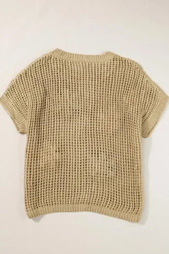 Sale Dear-Lover Crochet Flower Hollow-out Sweater T Shirt Light French Beige