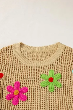 Sale Dear-Lover Crochet Flower Hollow-out Sweater T Shirt Light French Beige